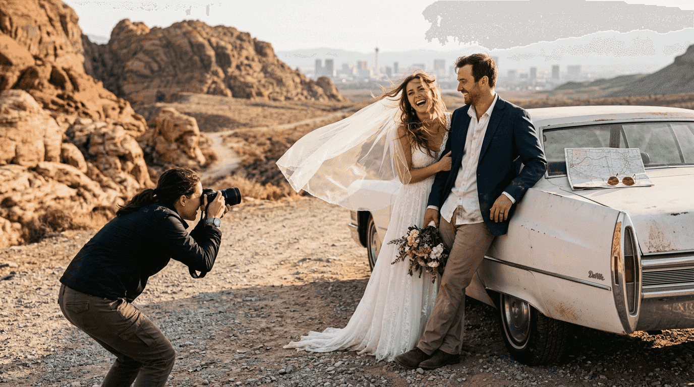 Photographer capturing elopement at desert edge