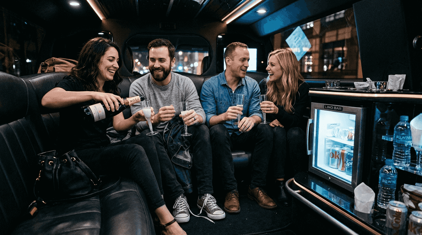 Friends enjoy drinks in Vegas limo interior