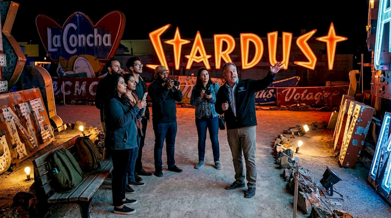 Tour group at Neon Museum night courtyard