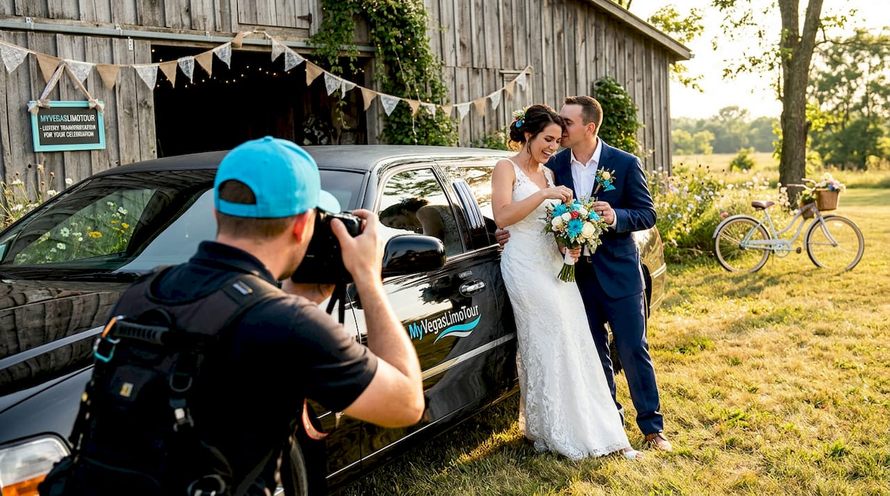Photographer capturing couple with wedding limo