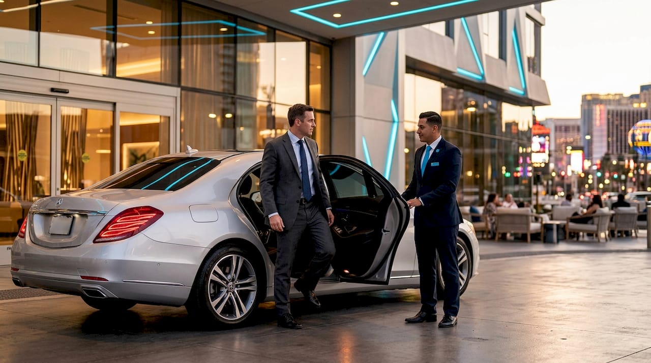 Corporate client exiting luxury car at venue