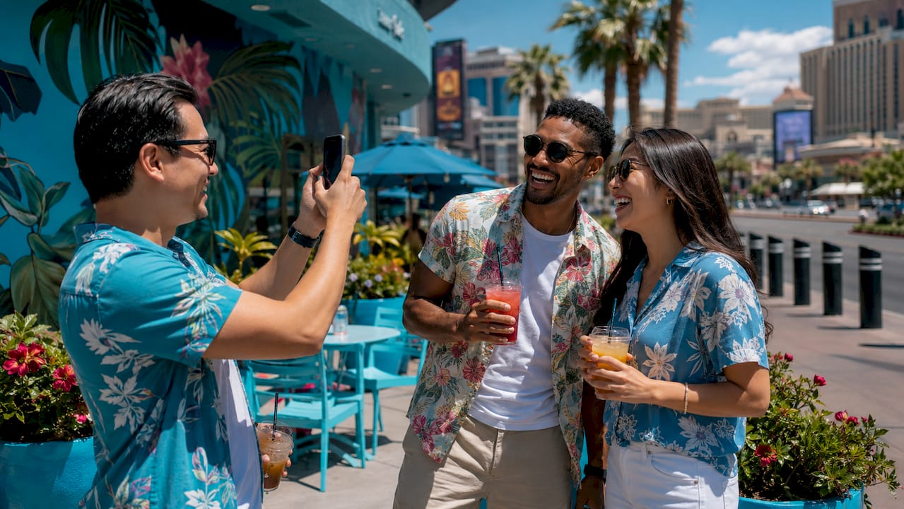 Friends walking the Strip on spring day