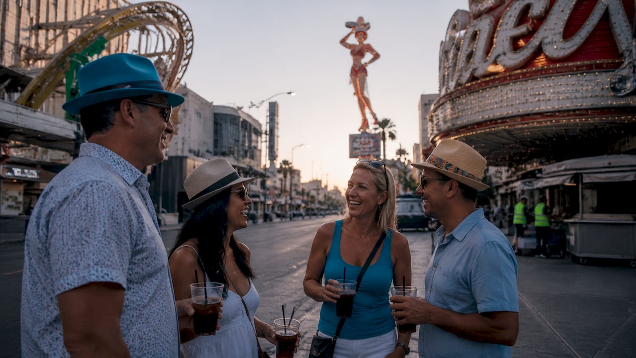 Visitors watching Fremont Street light show at night