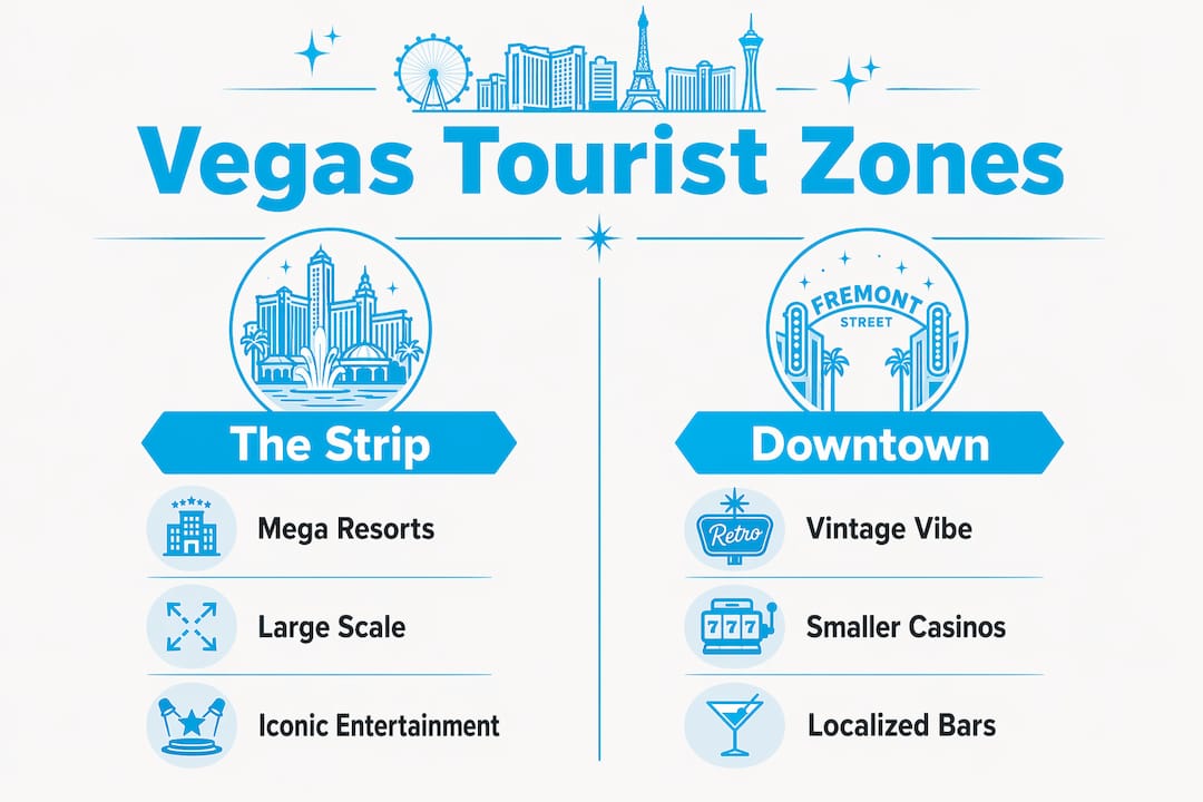 Infographic comparing Vegas Strip and Downtown tourist zones