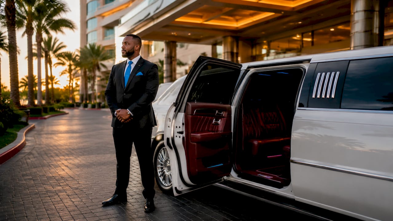 Chauffeur opening limo door on Vegas Strip