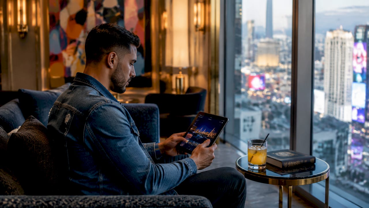 Booking Vegas hotel suite on smartphone