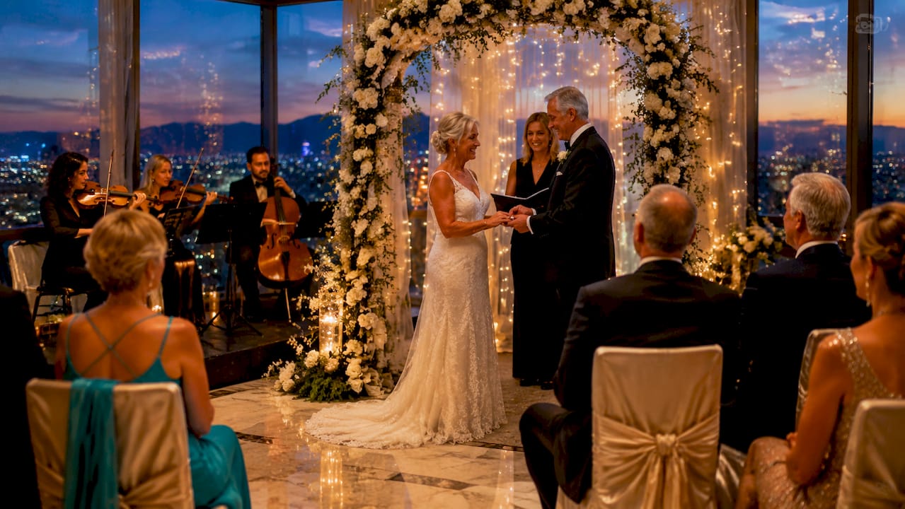 Luxury Vegas wedding ceremony on outdoor terrace